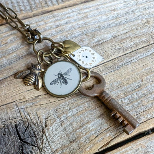 Humble Bumble Necklace - Vintage Bee Image + Charms