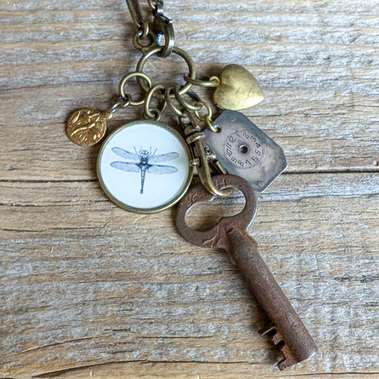 Dragonfly Guide Necklace - Vintage Dragonfly Image + Charms