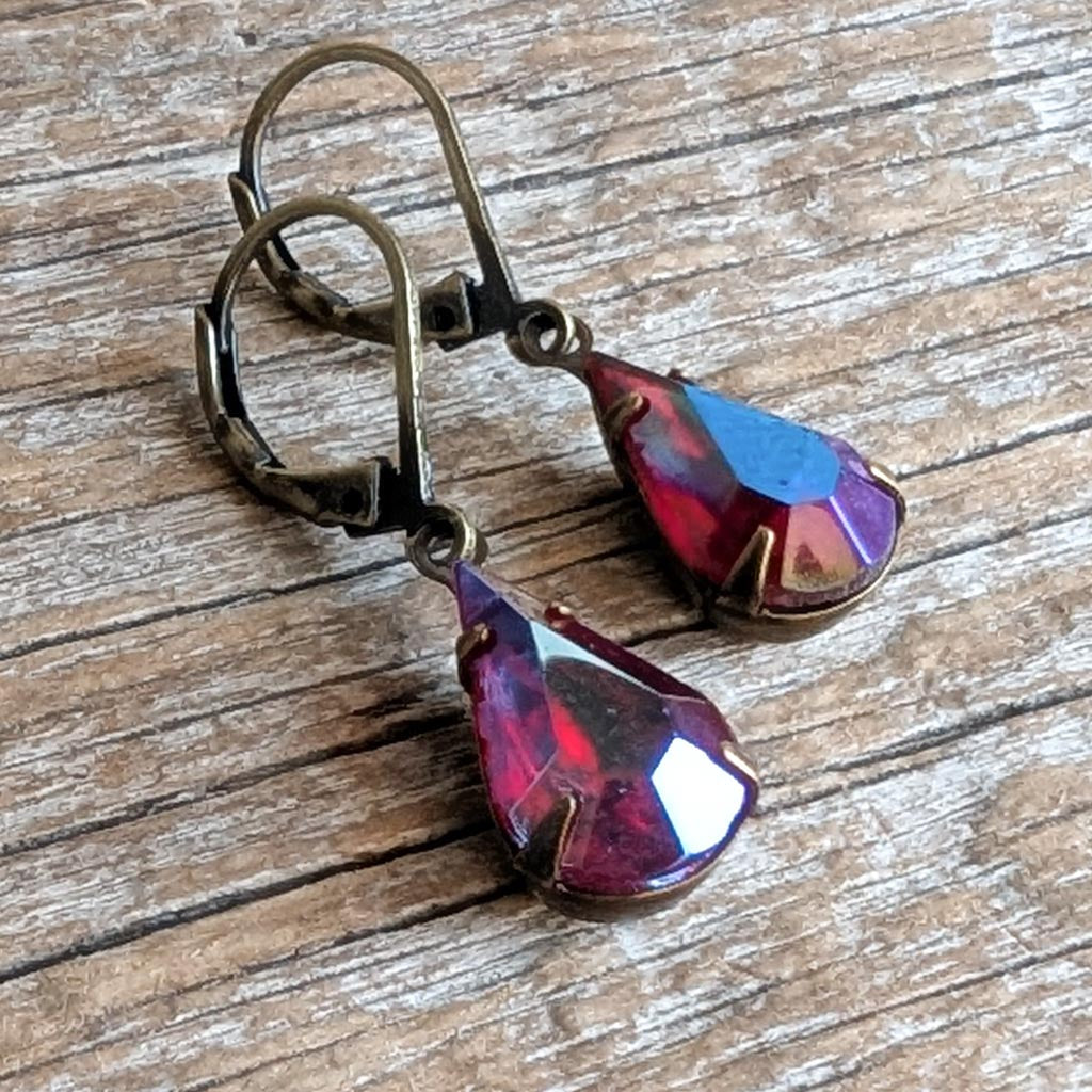Ruby Red AB Vintage Rhinestone Earrings