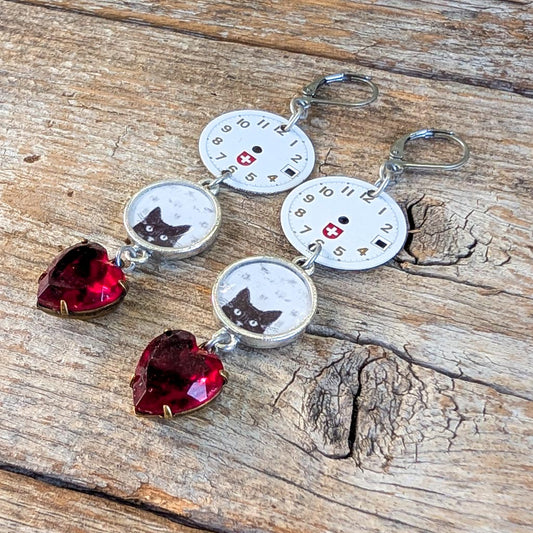 Cat O'Clock Vintage Watch Dial and Rhinestone Earrings