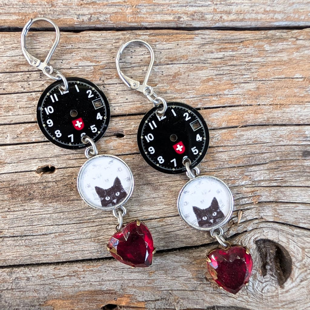 Cat O'Clock Vintage Watch Dial and Rhinestone Earrings