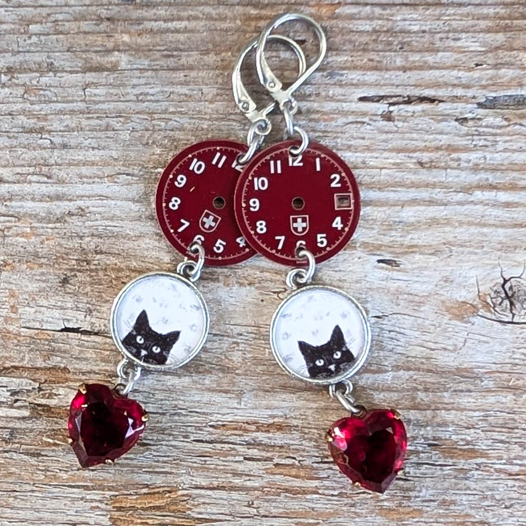 Cat O'Clock Vintage Watch Dial and Rhinestone Earrings