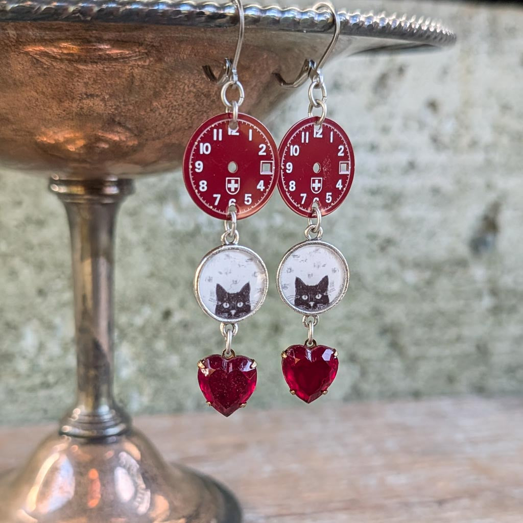 Cat O'Clock Vintage Watch Dial and Rhinestone Earrings