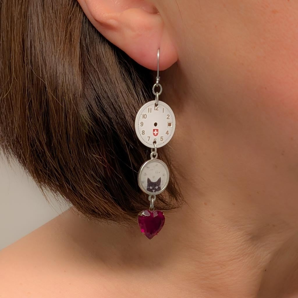 Cat O'Clock Vintage Watch Dial and Rhinestone Earrings