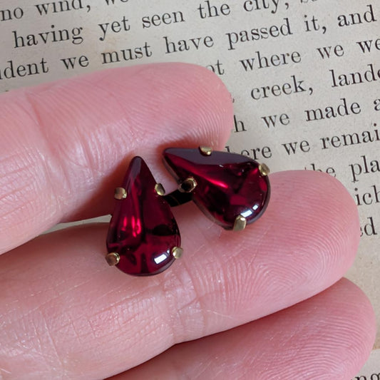 Vintage Glass Post Earrings - Dark Ruby Red