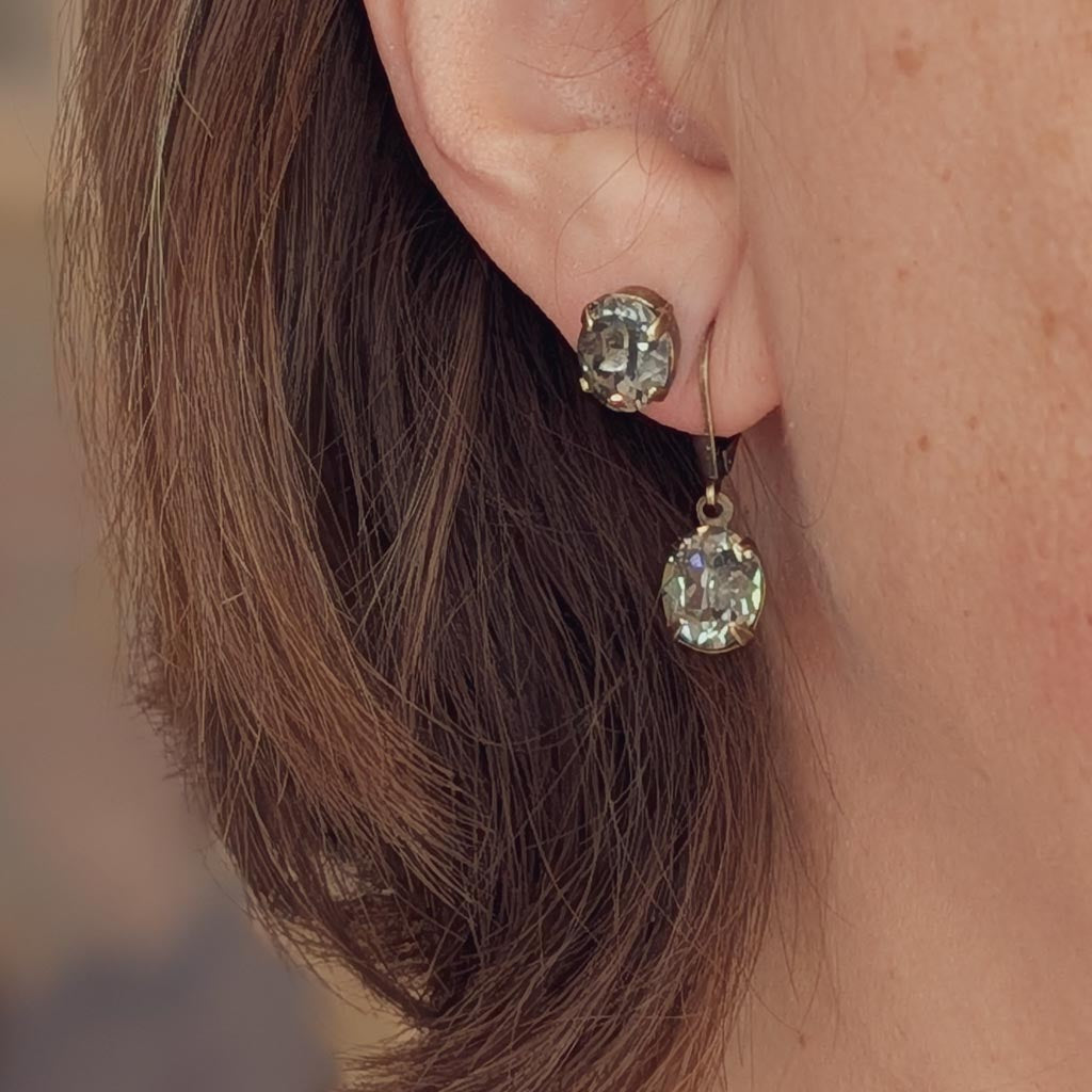 Vintage Rhinestone Post Earrings - Black Diamond