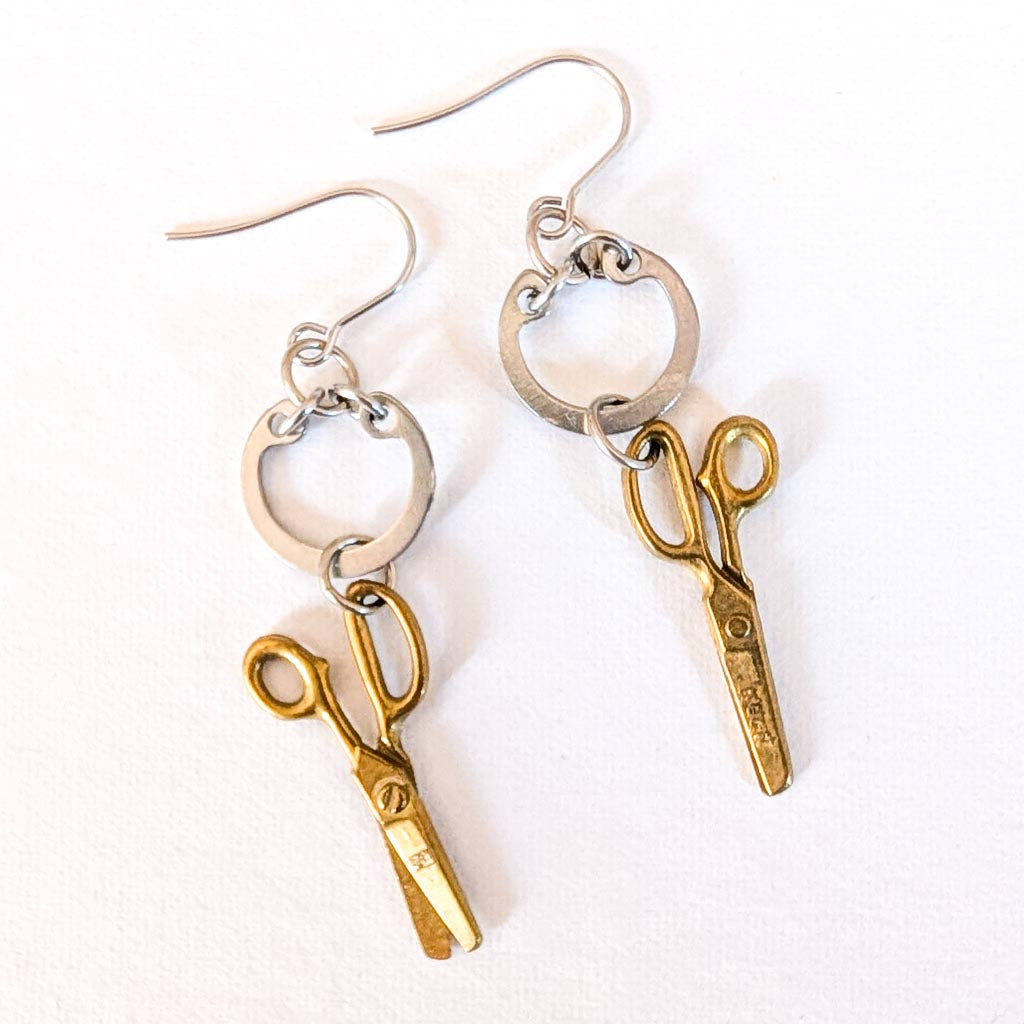Vintage Scissors Charm Earrings - Snap Rings