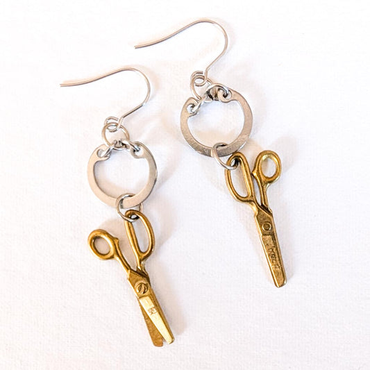Vintage Scissors Charm Earrings - Snap Rings