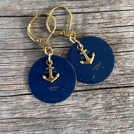 Vintage Watch Dial Earrings - Gold Anchor