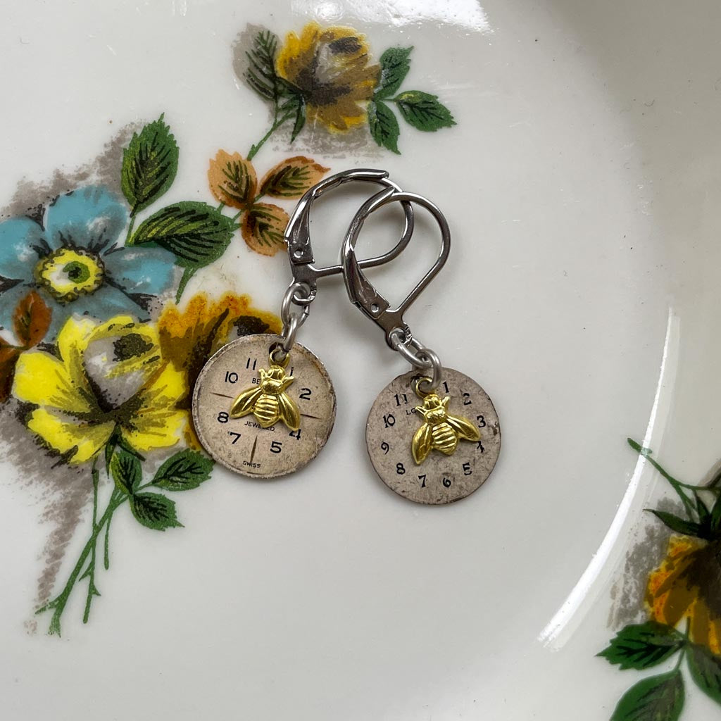 Tiny Treasures Earrings - Vintage Watch Dials + Bees + Mushrooms + Horseshoes
