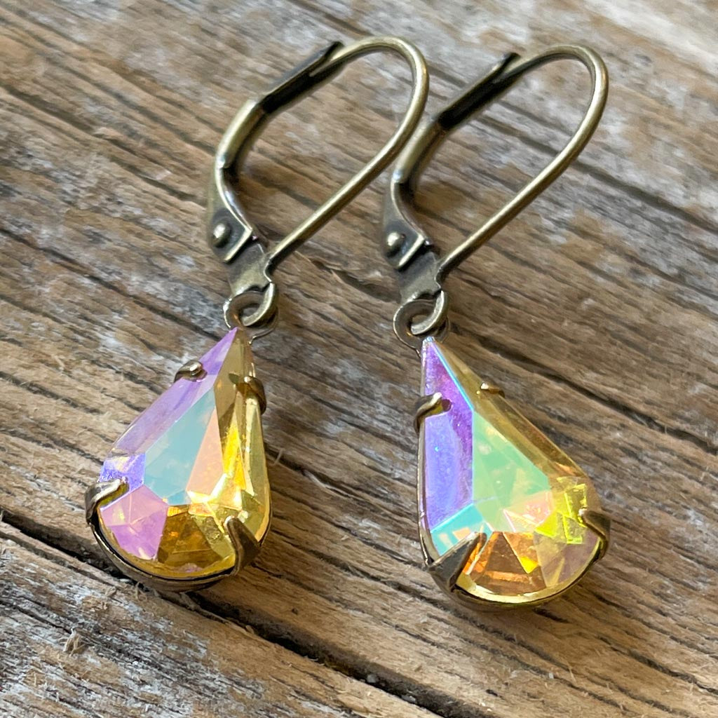 Light Topaz Yellow AB Vintage Rhinestone Earrings