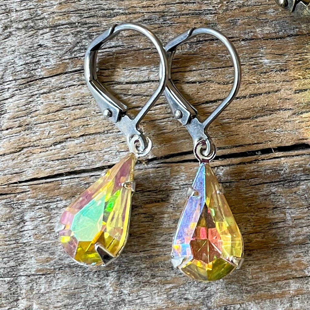 Light Topaz Yellow AB Vintage Rhinestone Earrings