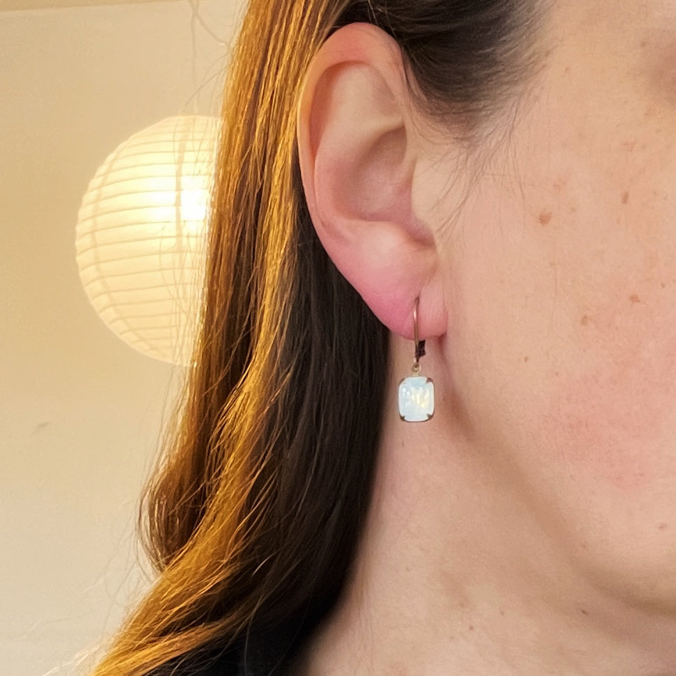 Milky Opal Vintage Glass Rhinestone Earrings