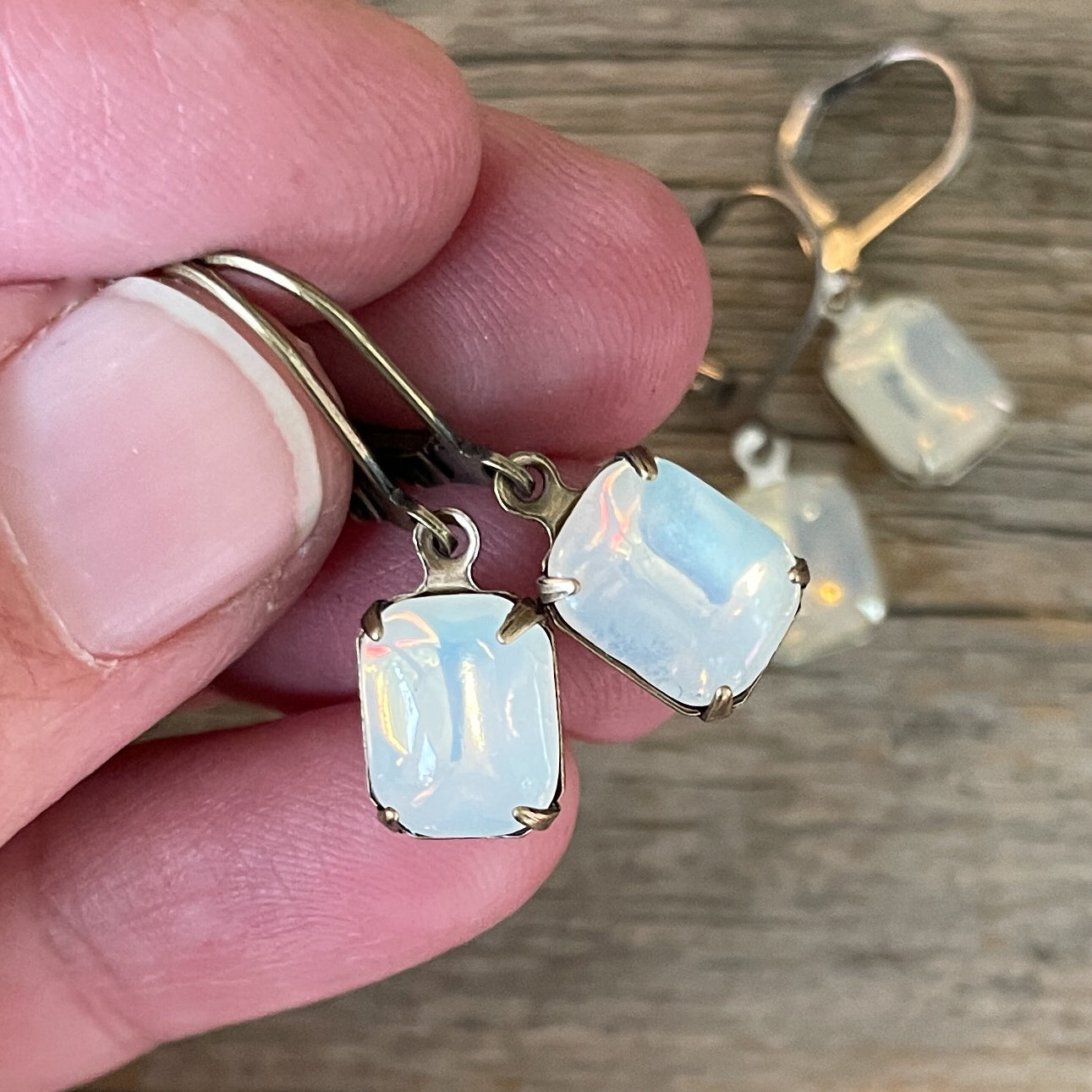Milky Opal Vintage Glass Rhinestone Earrings