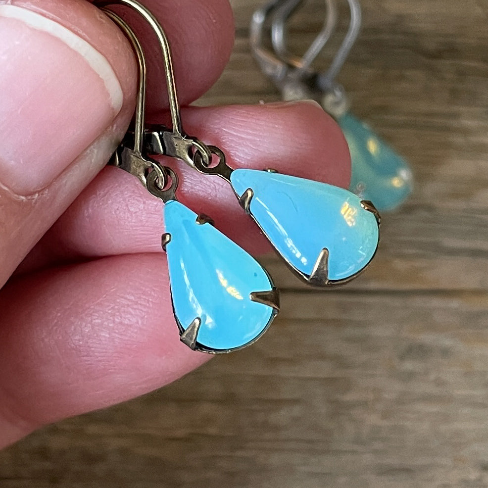 Ocean Blue Vintage Glass Rhinestone Earrings