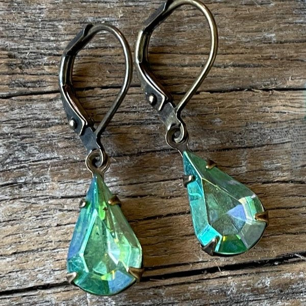 Peridot Green AB Vintage Rhinestone Earrings