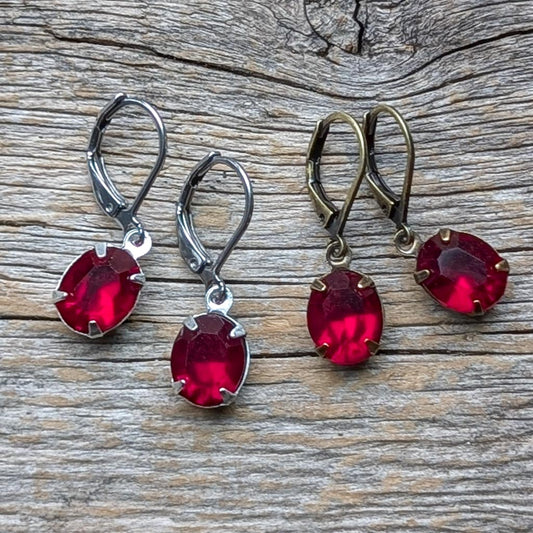 Ruby Red Vintage Oval Rhinestone Earrings