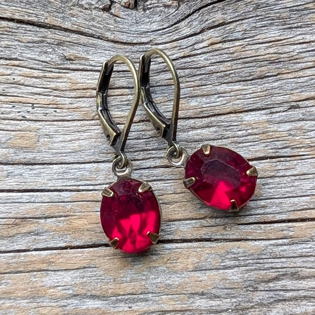 Ruby Red Vintage Oval Rhinestone Earrings
