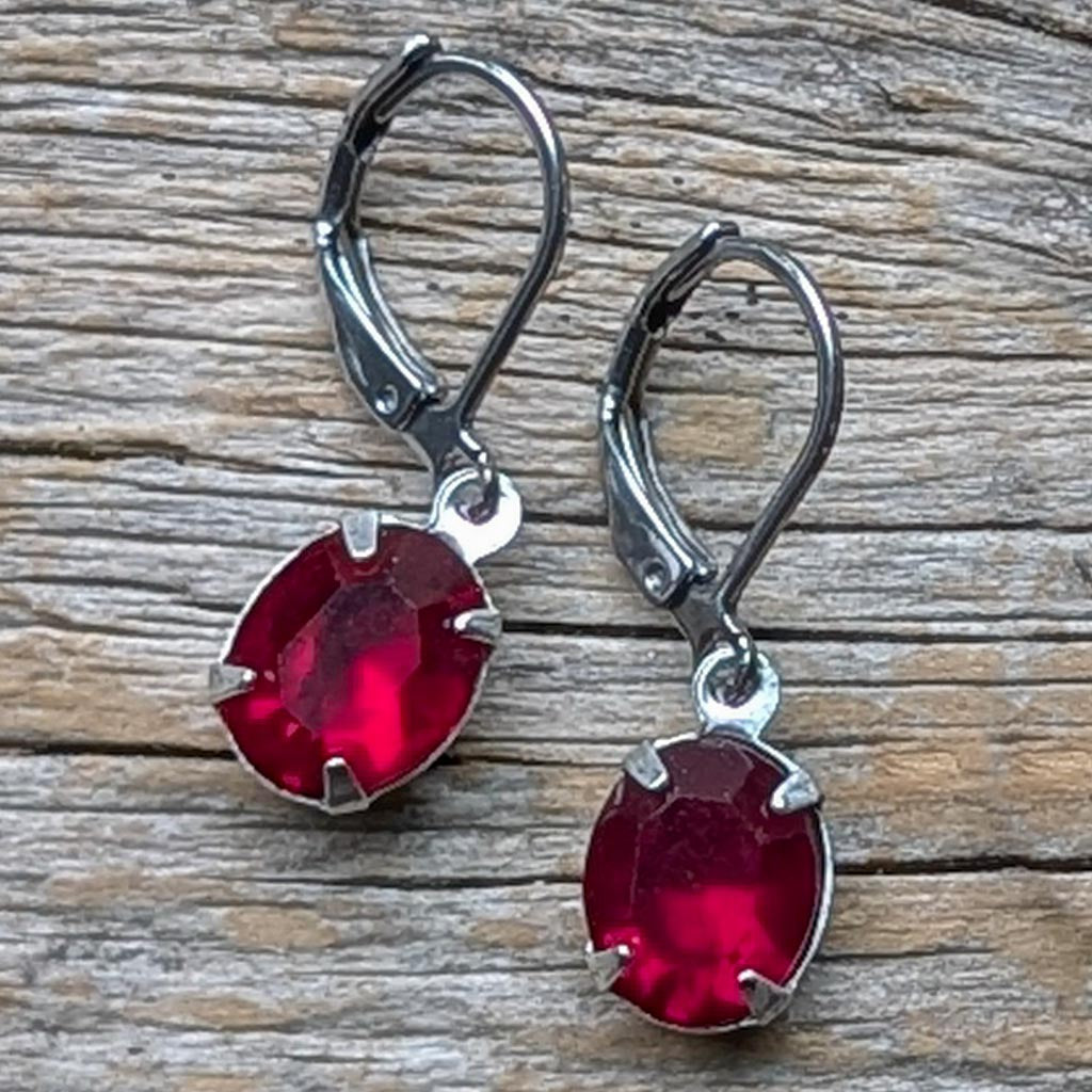 Ruby Red Vintage Oval Rhinestone Earrings