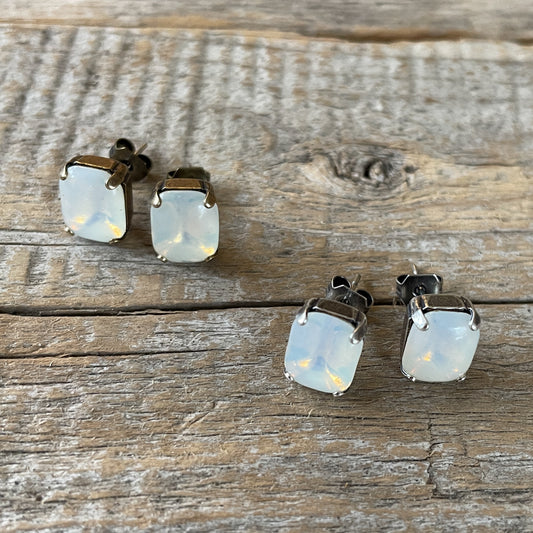 Milky Opal Vintage Glass Rhinestone Post Earrings (Large)