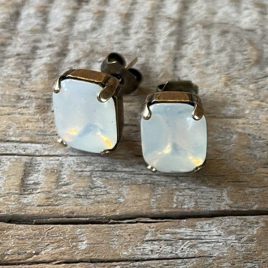 Milky Opal Vintage Glass Rhinestone Post Earrings