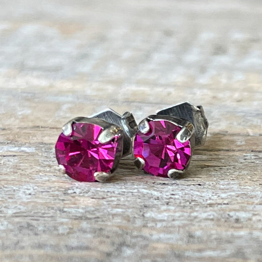 Fuchsia Pink Vintage Rhinestone Post Earrings (Small)