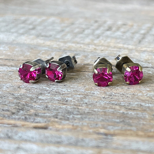 Fuchsia Pink Vintage Rhinestone Post Earrings