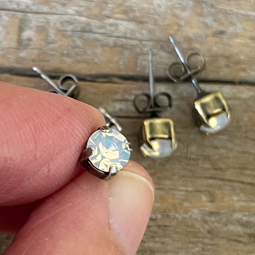 White Opal Vintage Rhinestone Post Earrings (Small)