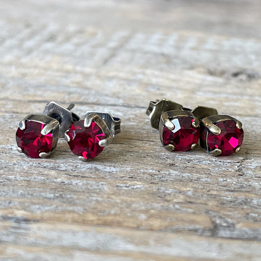 Ruby Red Vintage Rhinestone Post Earrings