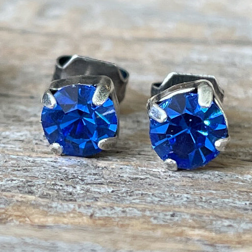 Sapphire Blue Vintage Rhinestone Post Earrings (Small)