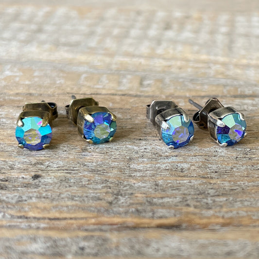 Sapphire Blue AB Vintage Rhinestone Post Earrings (Small)