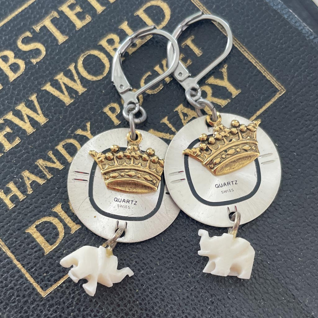 Majestic Time Earrings - Vintage Watch Dials + Elephants + Crowns
