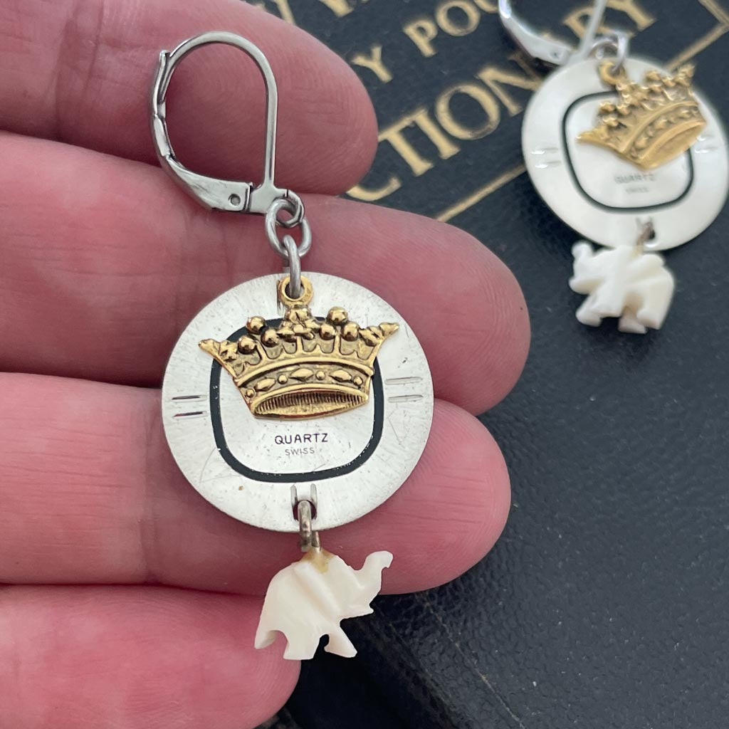 Majestic Time Earrings - Vintage Watch Dials + Elephants + Crowns