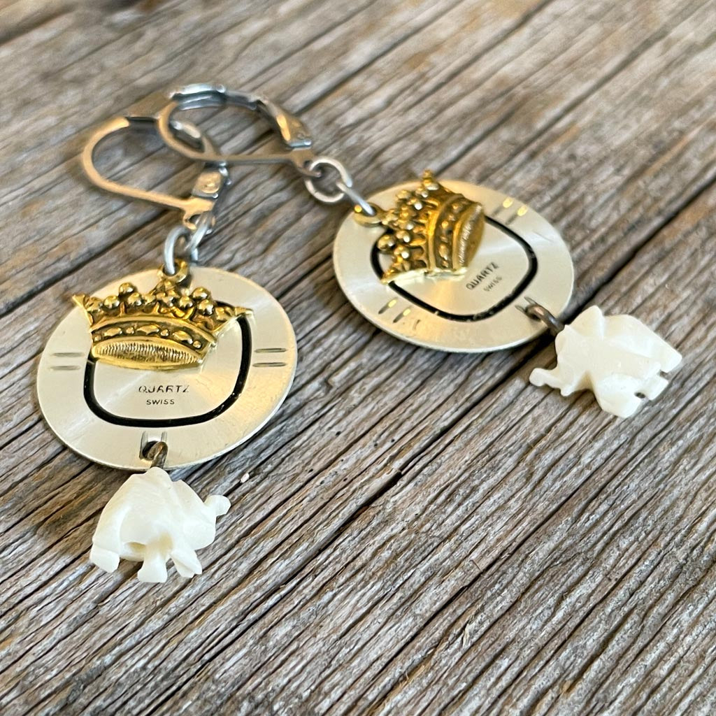 Majestic Time Earrings - Vintage Watch Dials + Elephants + Crowns