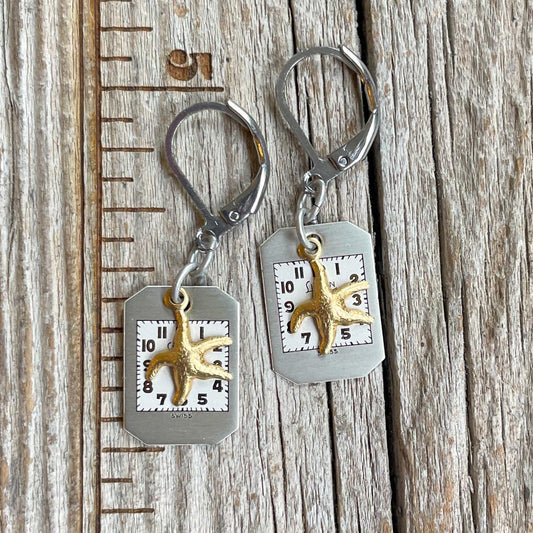 Tide Pool Time - Vintage Watch Dial + Starfish Earrings