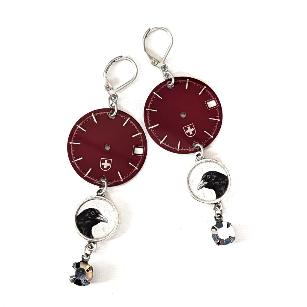 Crow O'Clock Earrings - Peeking Crow Assemblage