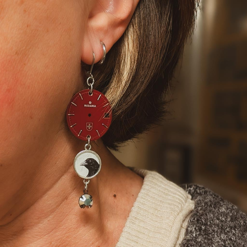 Crow O'Clock Earrings - Peeking Crow Assemblage