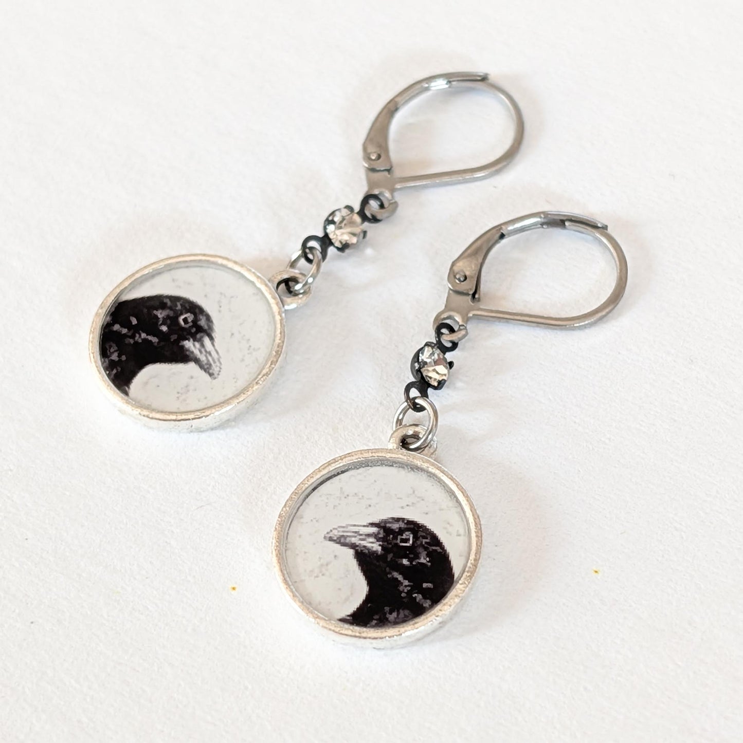 Crow Dangle Earrings - Ooh Shiny Object Peeking Crow