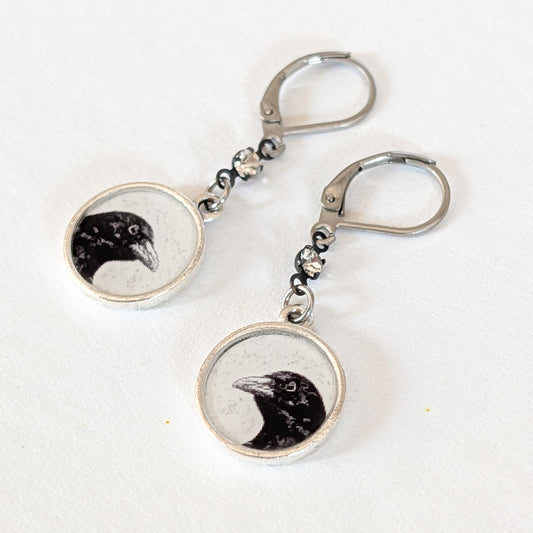 Crow Dangle Earrings - Ooh Shiny Object Peeking Crow