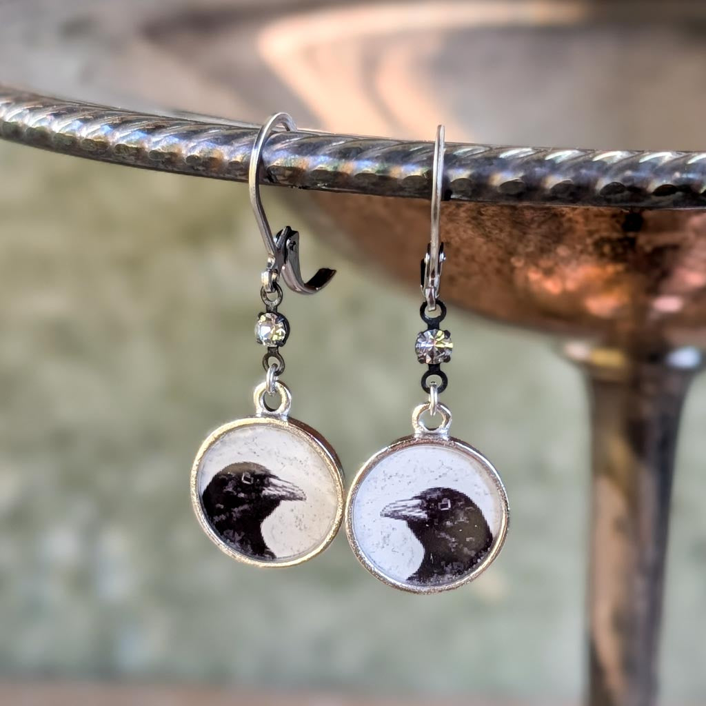 Crow Dangle Earrings - Ooh Shiny Object Peeking Crow
