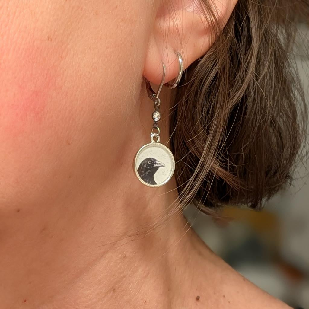 Crow Dangle Earrings - Ooh Shiny Object Peeking Crow