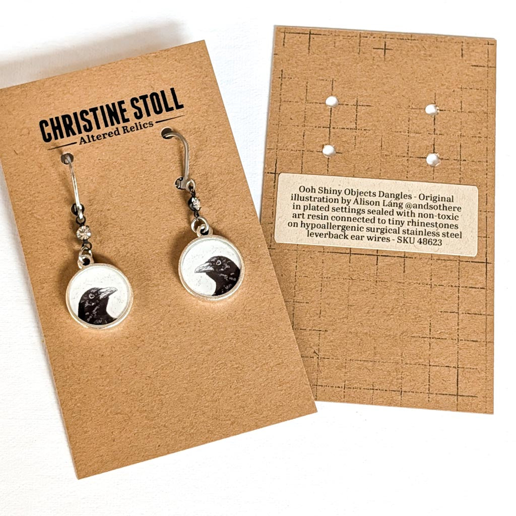 Crow Dangle Earrings - Ooh Shiny Object Peeking Crow