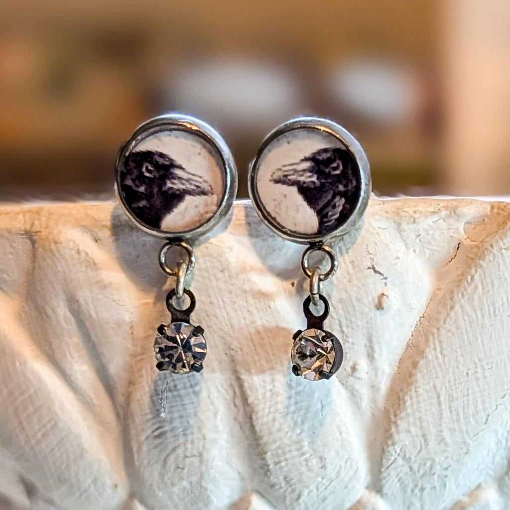 Crow Post Earrings - Ooh Shiny Objects Peeking Crow