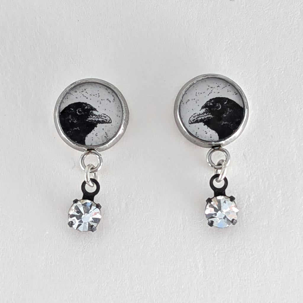 Crow Post Earrings - Ooh Shiny Objects Peeking Crow