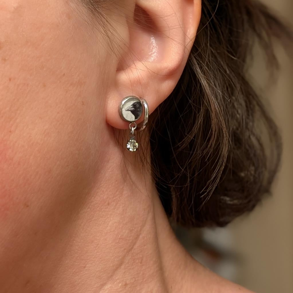 Crow Post Earrings - Ooh Shiny Objects Peeking Crow