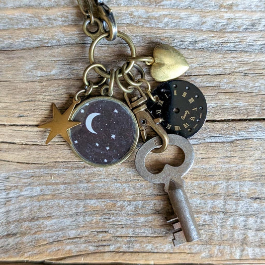 Wish I May, Wish I Might Necklace - Vintage Celestial Image + Charms