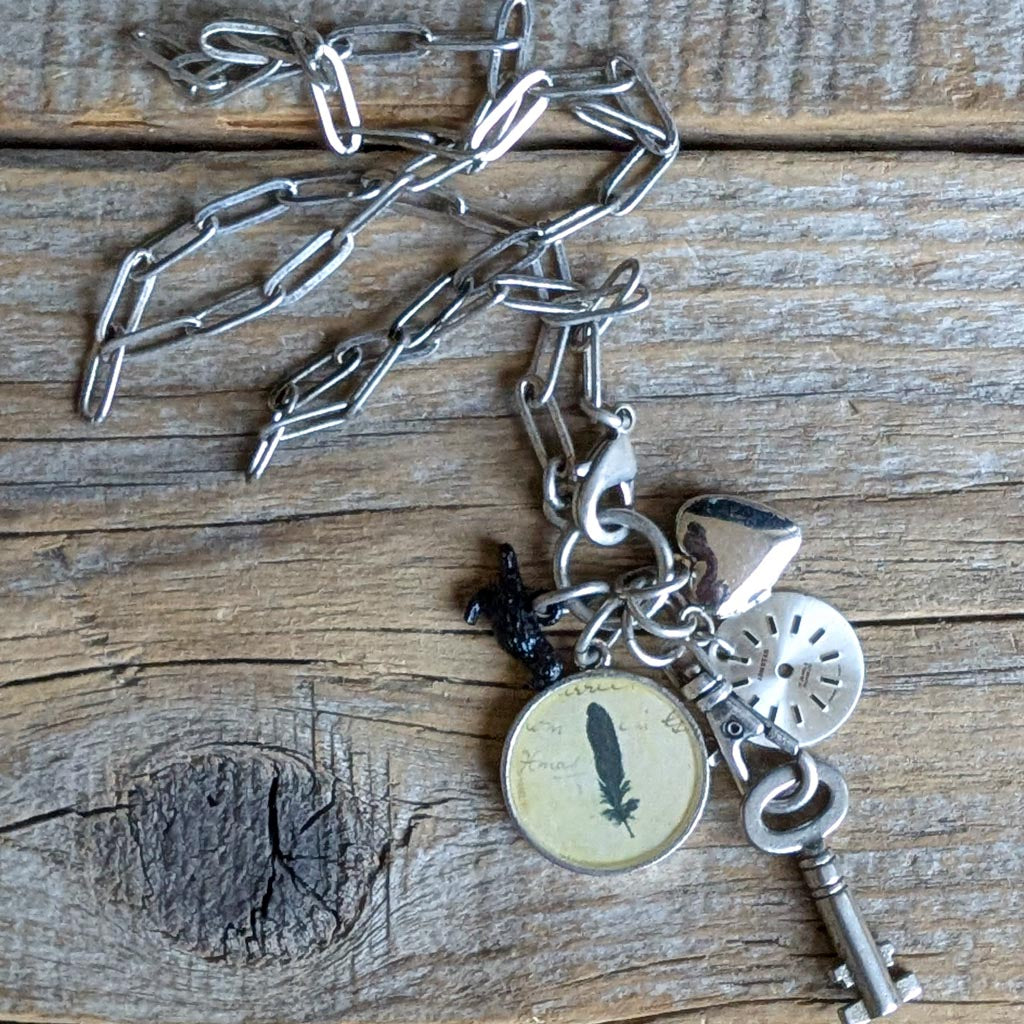 Protection Necklace - Vintage Black Feather Image + Charms