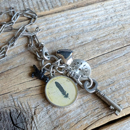 Protection Necklace - Vintage Black Feather Image + Charms