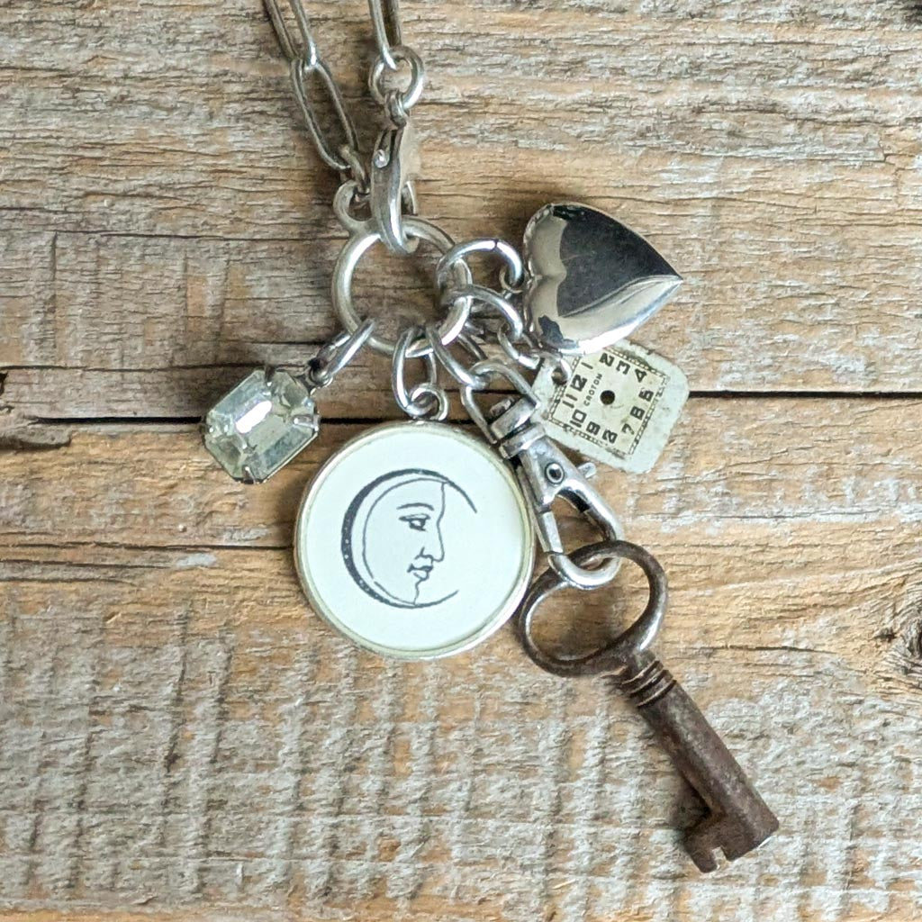 By the Light of the Moon Necklace - Vintage Moon Image + Charms