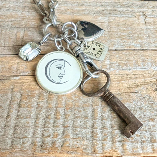 By the Light of the Moon Necklace - Vintage Moon Image + Charms